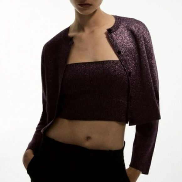 Zara Metallic Deep Red Merlot  Shimmer Cardigan size S - Picture 8 of 15
